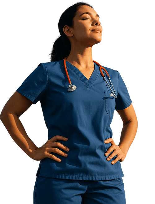 Clinician in scrubs with a stethoscope, hands on hips